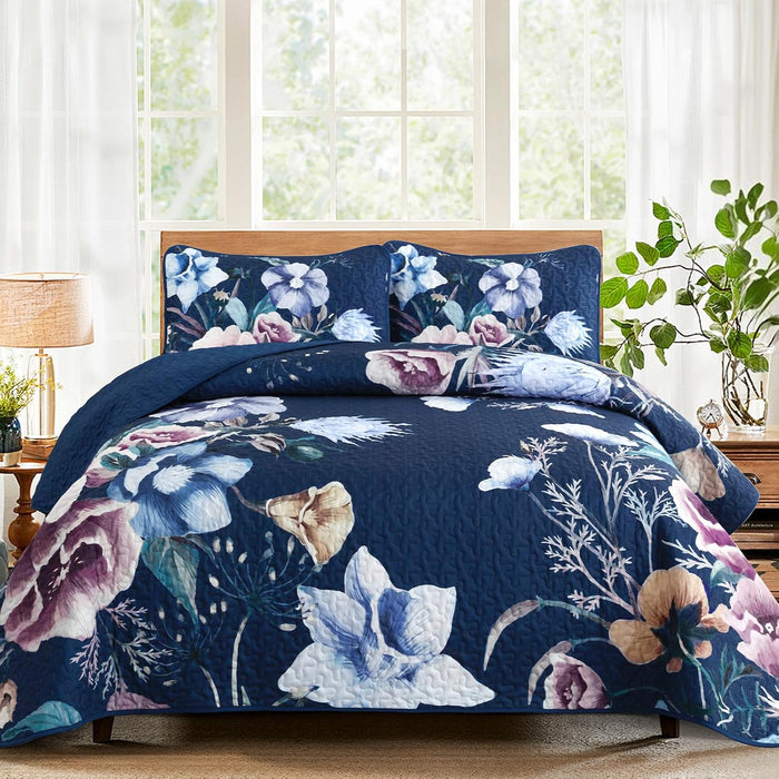 Floral Quilt Set King 3 Pieces Grey Floral Quilt Coverlet Set Soft Microfiber Lightweight White Quilted Bedspread for All Season 104"x90"