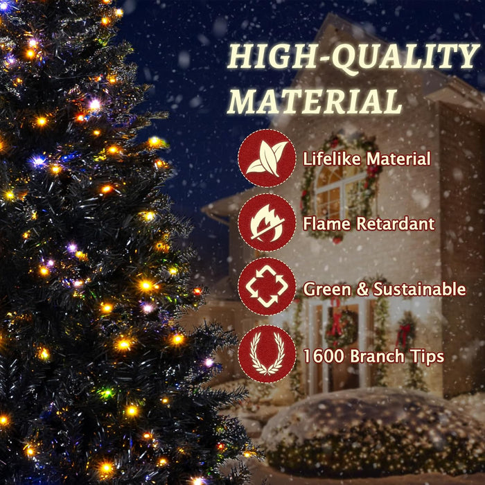 7.5FT Black Artificial Christmas Tree Prelit with 1600 PVC Branch Tips, Auto Hinges & 600 Lights & 9 Modes, Seasonal Holiday Party Decorations with Sturdy Metal Stand