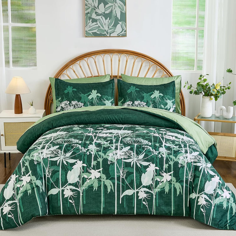Drucon Comforter Set King Size, 7 Pieces Sage Green Floral Comforter Sets, Reversible Botanical Bed in a Bag Soft Lightweight Microfiber Bedding Sets for All Seasons (90"x104")