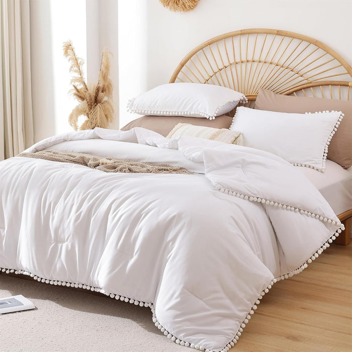 YIRDDEO Queen Comforter Set - Comforter Queen Size Sets with Ball Pom Fringe, Soft Bedding Set for All Seasons - 3 Pieces, 1 Comforter (90"x90") & 2 Pillow Shams (20"x26"), Blush