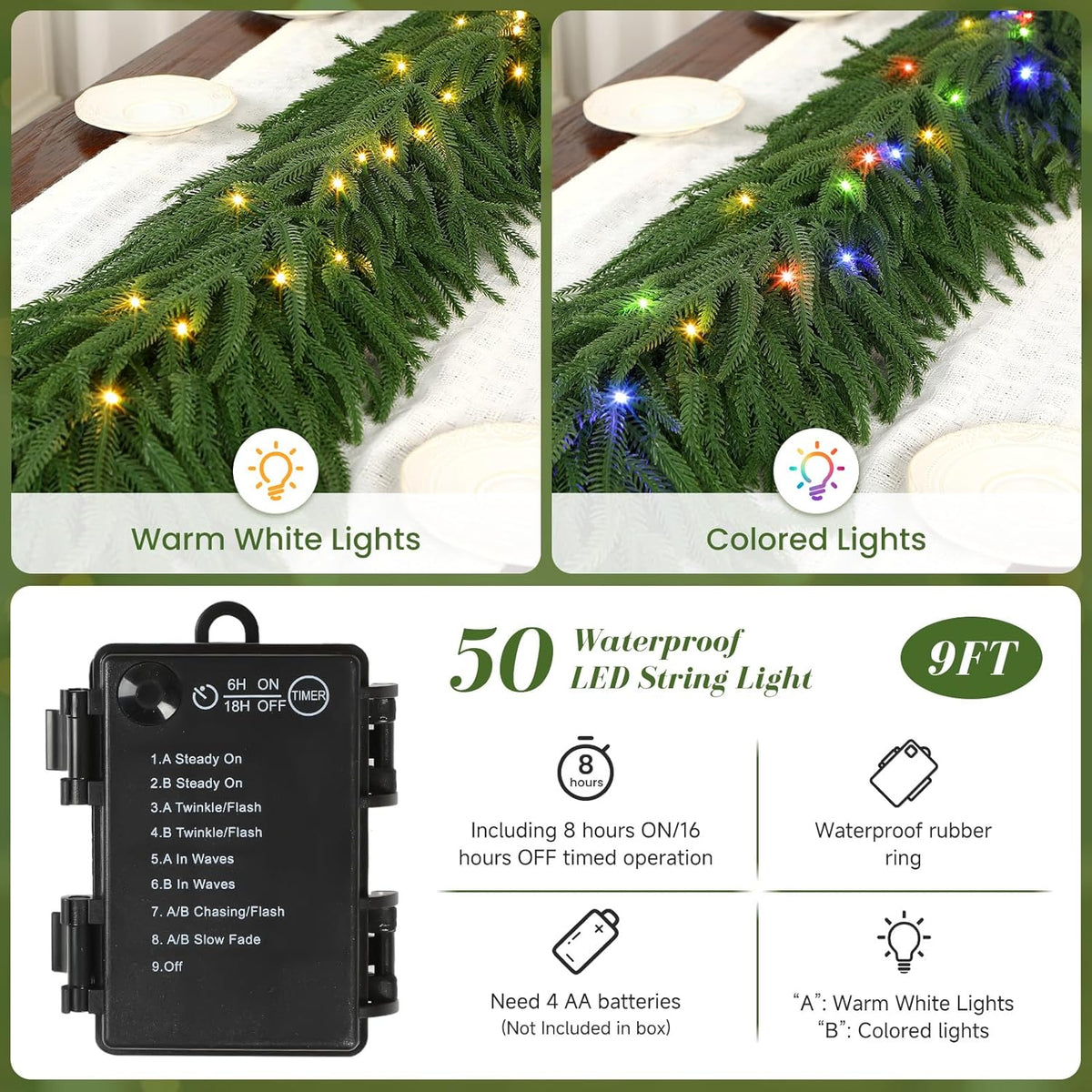 9ft Artificial Christmas Garland with Lights, Real Touch Norfolk Pine Garland - Pine Garlands, Green Christmas Garland for Mantle, Table, Fireplace, Indoor, Outdoor Christmas Decorations
