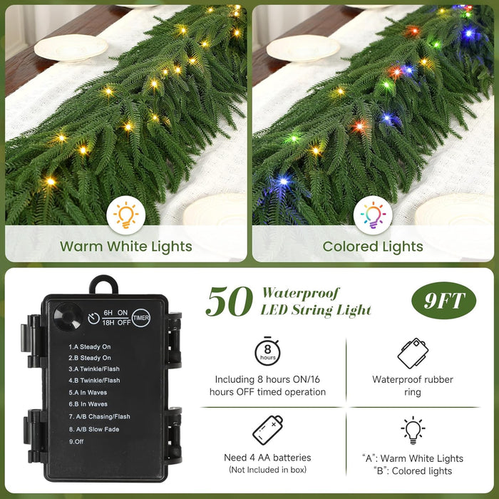9ft Artificial Christmas Garland with Lights, Real Touch Norfolk Pine Garland - Pine Garlands, Green Christmas Garland for Mantle, Table, Fireplace, Indoor, Outdoor Christmas Decorations