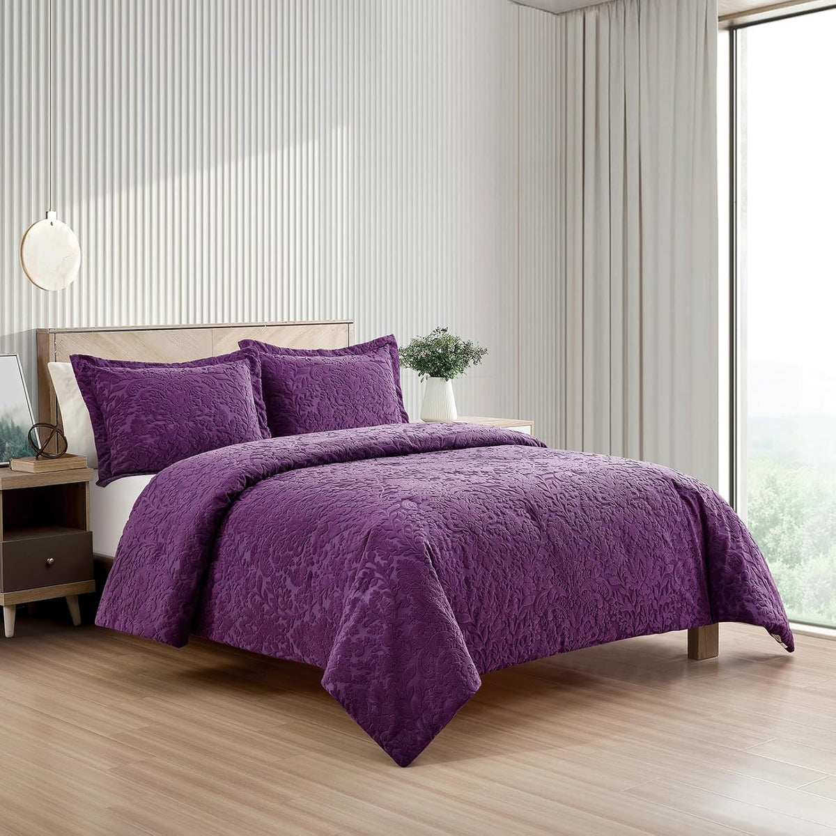 Sunshine Nicole Velvet Jacquard Comforter Set, Velvet Jacquard Face and Brushed Solid Microfiber Reverse, with Light Weight Soft Poly Fill, 3 Pieces Purple, King