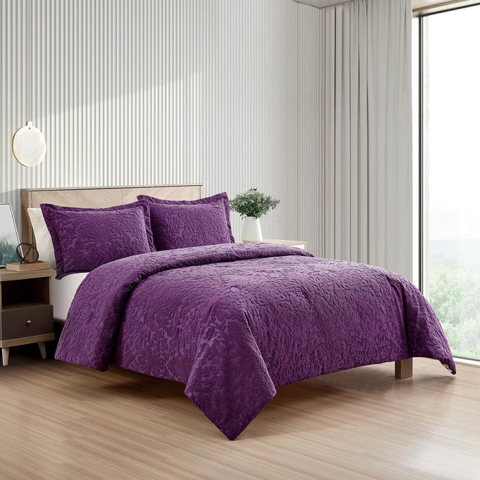 Sunshine Nicole Velvet Jacquard Comforter Set, Velvet Jacquard Face and Brushed Solid Microfiber Reverse, with Light Weight Soft Poly Fill, 3 Pieces Purple, King