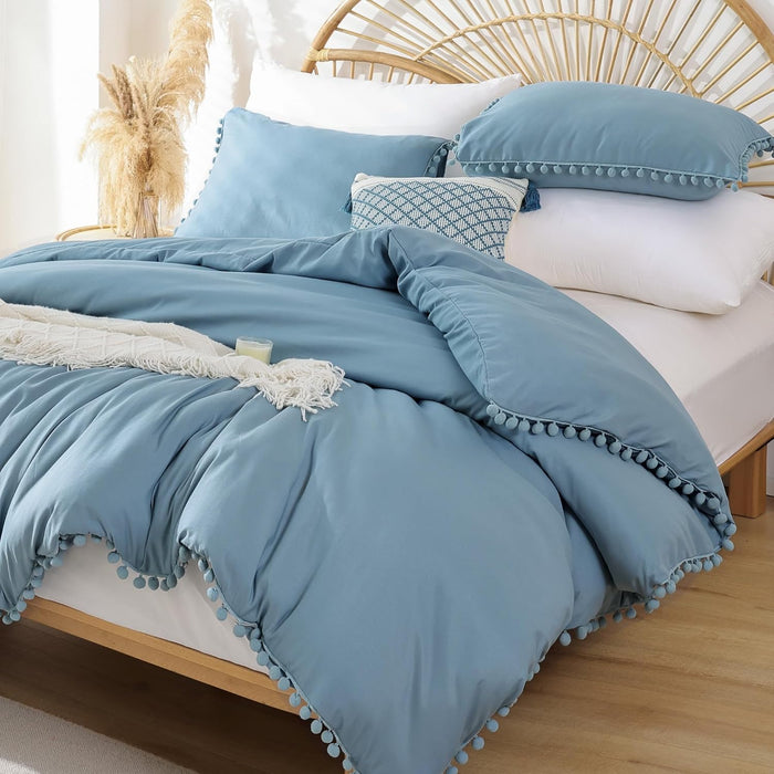 YIRDDEO Queen Comforter Set - Comforter Queen Size Sets with Ball Pom Fringe, Soft Bedding Set for All Seasons - 3 Pieces, 1 Comforter (90"x90") & 2 Pillow Shams (20"x26"), Beige