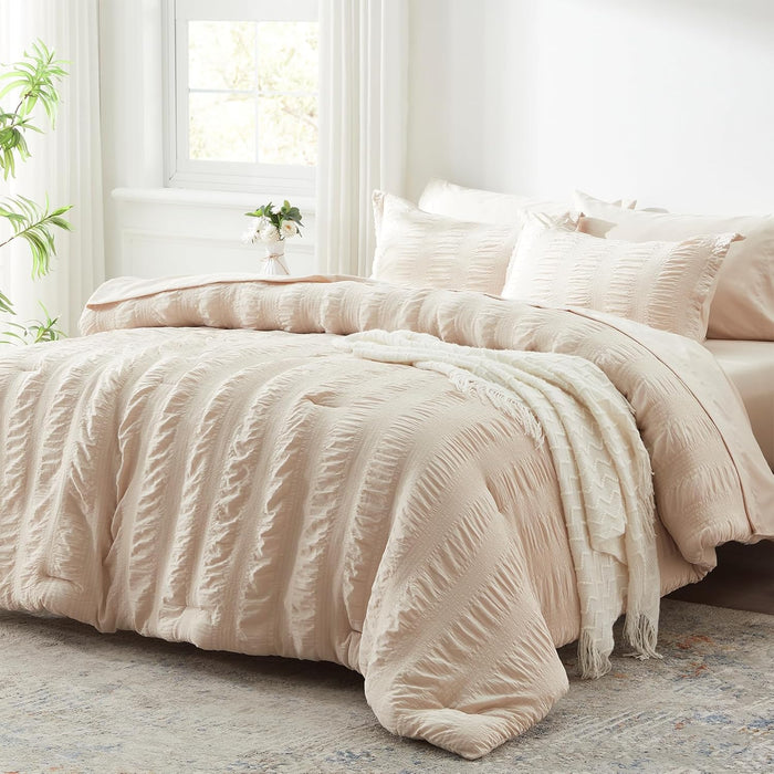 Zzlpp Queen Comforter Set 7 Pieces, Olive Green Seersucker Bed in a Bag with Comforter and Sheets, All Season Bedding Sets with 1 Comforter, 2 Pillow Shams, 2 Pillowcases, 1 Flat Sheet