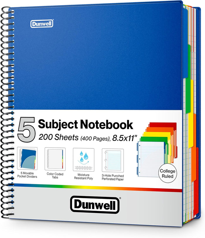 Dunwell 5-Subject Notebook, College Ruled, Colorful Movable Pocket Dividers with Tabs, Front/Back Plastic Covers, 200 Sheets (400 Pages) of 3-Hole Punch Perforated 8.5x11 Paper