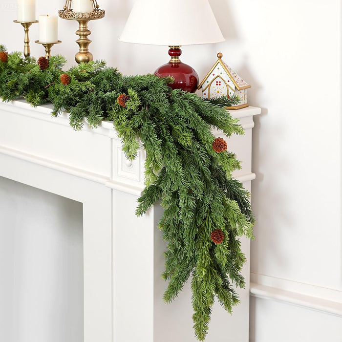 2PCS Christmas Garland, Cedar Garland -Realistic Greenery Cypress Pine Garland with Pinecone for Mantle Table Railing Fireplace Indoor & Outdoor Christmas Decoration