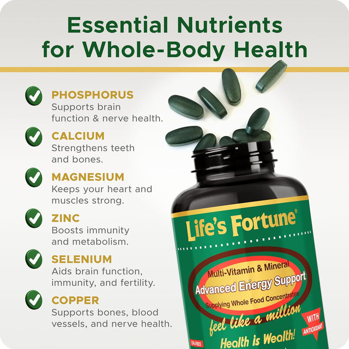 Life's Fortune Whole Food Multivitamin & Mineral, Advanced Energy Support Supplement, Daily Wellness for Men & Women, Amino Acids, 180 Vegetarian Tablets