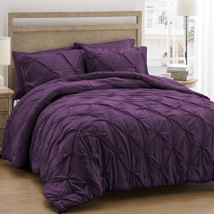 UNIKOME Queen Comforter Set White - Ultra Soft Boho Pintuck Down Alternative Bedding Set for Winter, All Seasons, 3 Pieces Warm Pinch Pleat Solid Bed Set with Comforter, 2 Pillowcases