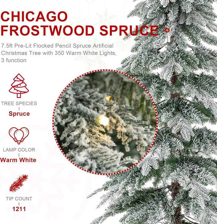 Glitzhome 7.5ft Artificial Christmas Tree, Pre-Lit Flocked Pencil Christmas Tree Chicago Frostwood Spruce with 350 Warm White Lights Home, Office, Holiday Decoration