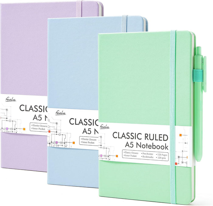 feela 3 Pack Notebooks Journals Bulk with 3 Black Pens, A5 Hardcover Notebook Classic Ruled Lined Journal Set with Pen Holder for Work Business Journaling Note Taking, 120 GSM, 5.1”x8.3”, Gray