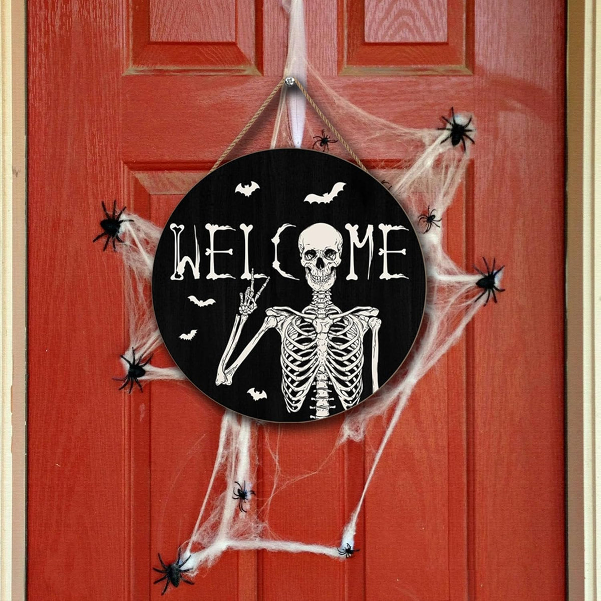 Halloween Skull Welcome Door Sign Halloween Front Door Hanger Decor Rustic Wood Hanging Door Wreath Wall Sign Home Party Outdoor Wall Decor