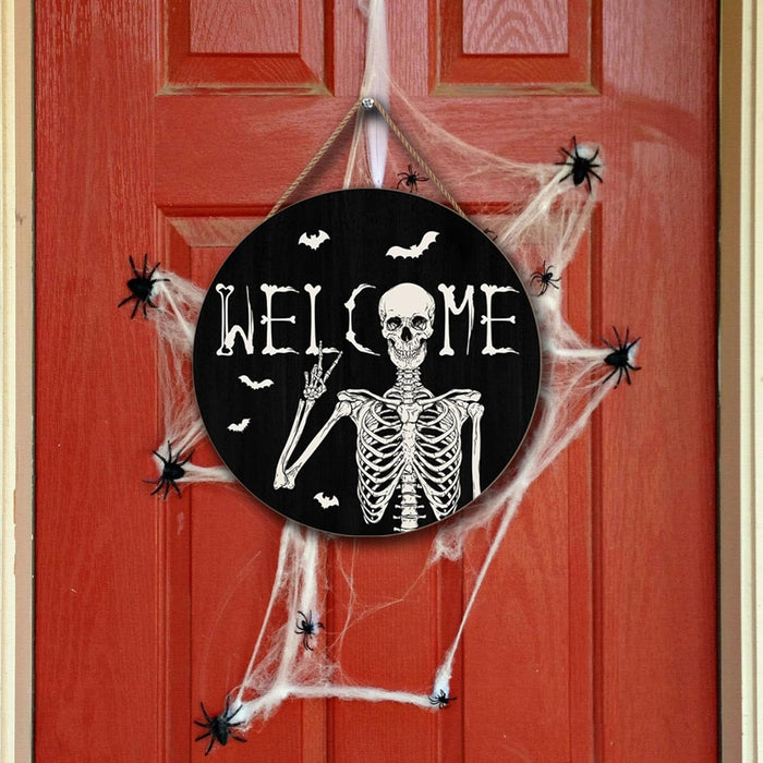 Halloween Skull Welcome Door Sign Halloween Front Door Hanger Decor Rustic Wood Hanging Door Wreath Wall Sign Home Party Outdoor Wall Decor
