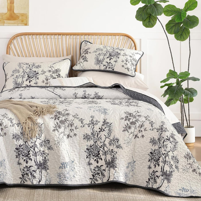 WONGS BEDDING Green Floral Quilt Set King,Botanical Leaf & Butterfly Pattern Bedspread Coverlet Set,Soft Beautiful Farmhouse Plants Quilts Bedding Set for All Seasons(104"×90")