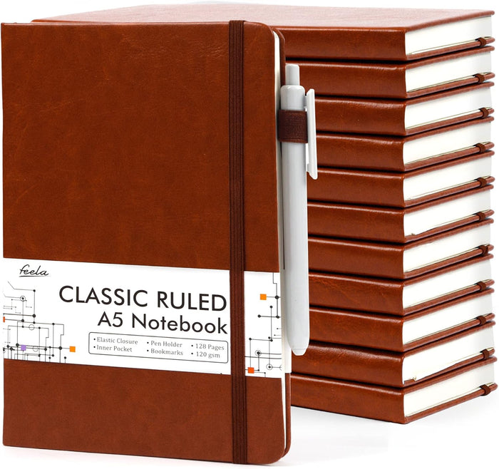 12 Pack Notebooks Journals Bulk with 12 Black Pens, Feela A5 Hardcover Notebook Classic Ruled Journal Set with Pen Holder for School Business Work Travel Writing, 120 GSM, 5.1”x8.3”, Navy