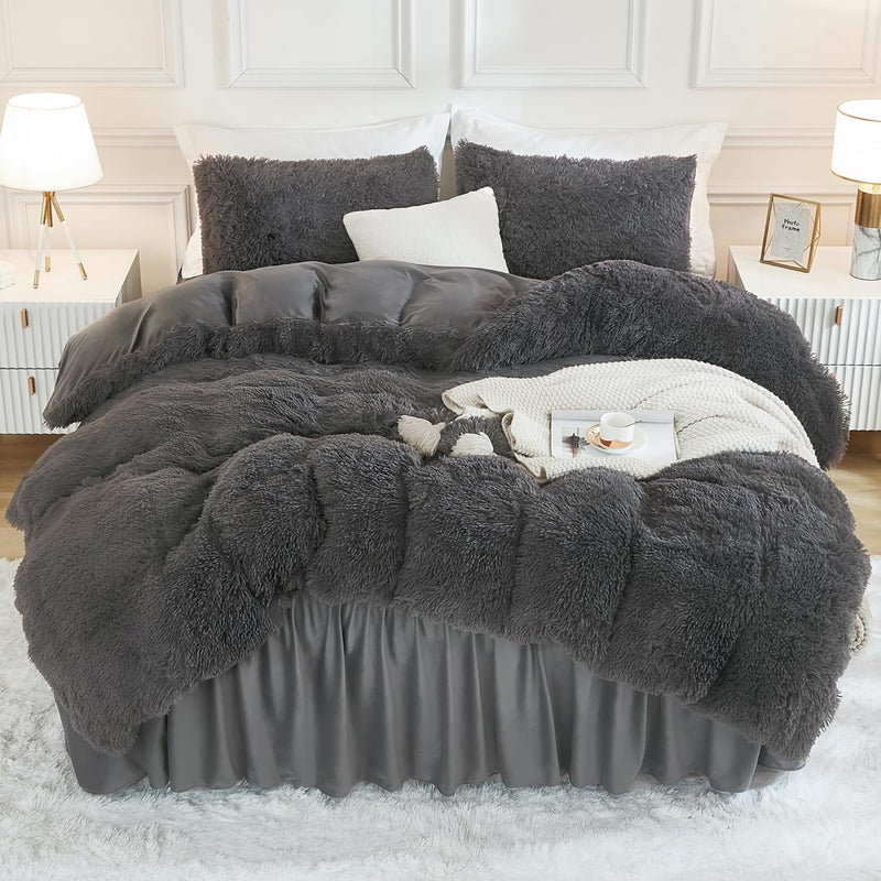 Andency King Size Comforter Set Black, Fluffy Winter Faux Fur Warm Soft Plush Bedding Comforter Set (1 Velvet Comforter & 2 Pillowcases), Fuzzy Thick Heavy Puffy Comforters Bed Set
