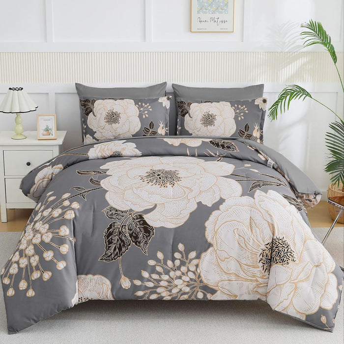 Luxudecor Floral Queen Comforter Set 7 Pieces Bed in a Bag, White Flower Print on Navy Blue Bedding Set, Soft Reversible Comforter with Sheet Set 90"x90"