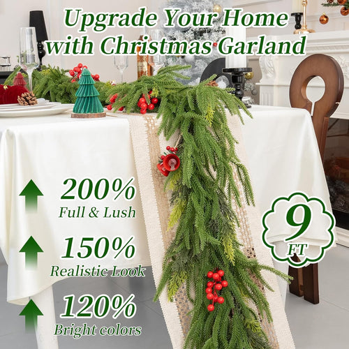 9FT Christmas Garland Realistic – Artificial Norfolk Pine Garlands for Christmas Decoration, Greenery Garlands for Mantle, Indoor Outdoor Use, Pine Garland Realistic, Holiday Christmas Decor