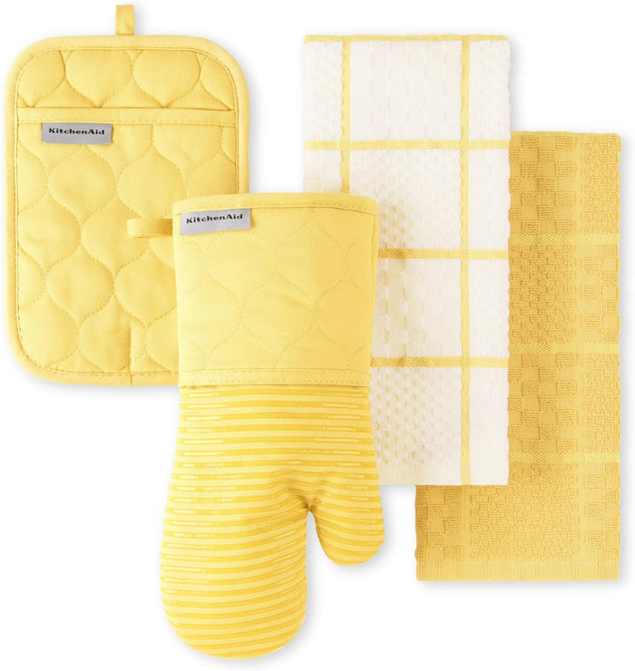 KitchenAid Quilted Cotton Terry Cloth Oven Mitt, Pot Holder, Kitchen Towel 4-Pack Set, Heat Resistant, Silicone Grip, Gift Set, Matte Black, 16"x26", 7"x13" & 7"x10"