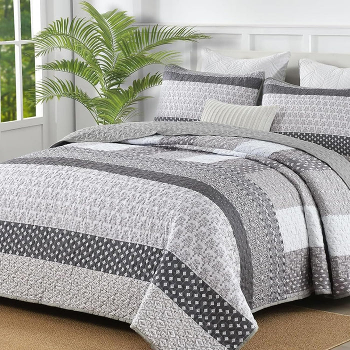 WONGS BEDDING Grey Quilt Queen Size, Bohemian Stripe Quilt Sets 3 Pieces Gray Boho Quilted Bedspread Set Lightweight Microfiber Coverlet Bedding Set All Season (96"x90")
