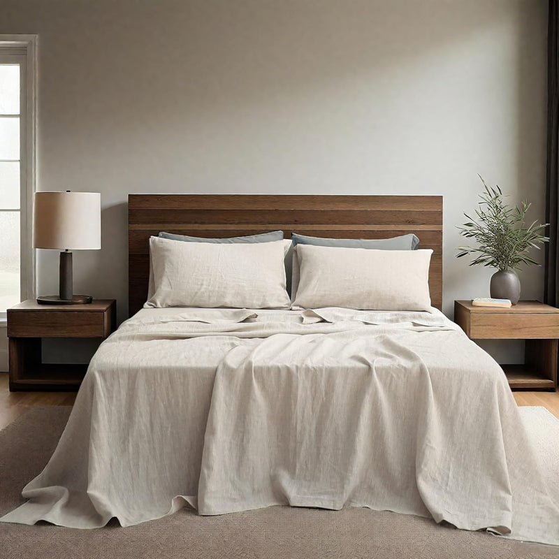 100% Natural Linen Sheets Set 4 Piece - Washed Linen Bedding Set with 16" Deep Pocket Fitted Sheet, Flat Sheet & 2 Pillowcases, Breathable Durable for All Seasons (White, Queen)
