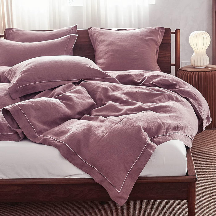 Simple&Opulence 100% Linen Duvet Cover Set with Embroidery Washed - 3 Pieces (1 Duvet Cover with 2 Pillow Shams) with Button Closure Soft Breathable Farmhouse - Linen, King Size