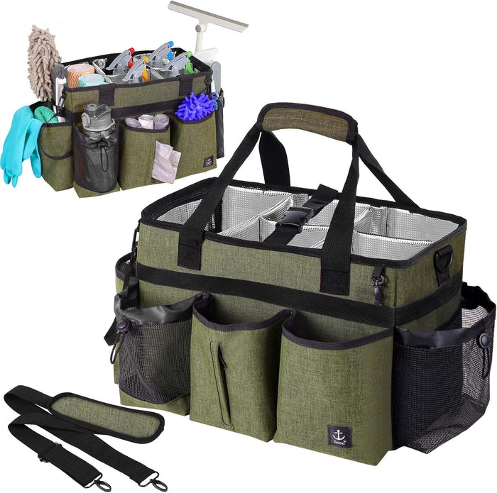 Large Cleaning Caddy Bag Built-in Sturdy Support Board, Cleaning Organizer with Detachable Divider, Cleaning Supply Tote with Adjustable Shoulder Strap&Waist Belt for Cleaners & Housekeeper