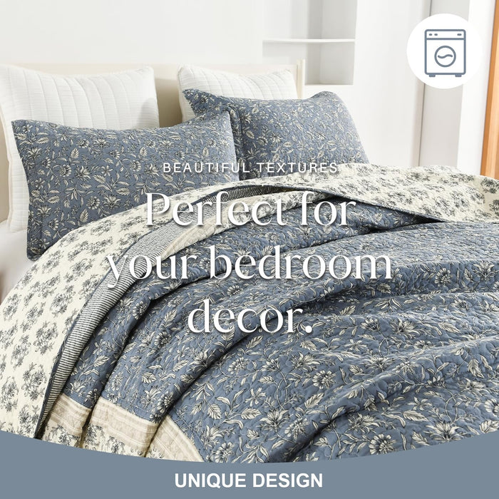 100% Cotton Oversized Quilt 120"x120", Extra Large King Bedspread, Farmhouse Botanical Bed Spreads Coverlet, Lightweight Quilted Bedding Cover, 3 Piece, Grayish Blue/Beige