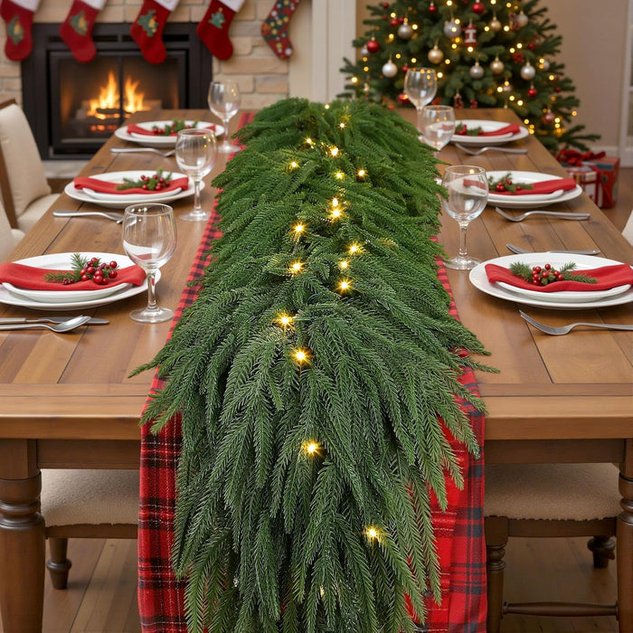 9ft Artificial Christmas Garland with Lights, Real Touch Norfolk Pine Garland - Pine Garlands, Green Christmas Garland for Mantle, Table, Fireplace, Indoor, Outdoor Christmas Decorations
