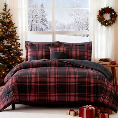 MaiRêve Queen Comforter Set, Plaid Design Comforter Set 7 Pieces, Comfortable Red Queen Bedding Sets Queen, Lightweight, Warm and Breathable (Red, Queen, 90"x90")
