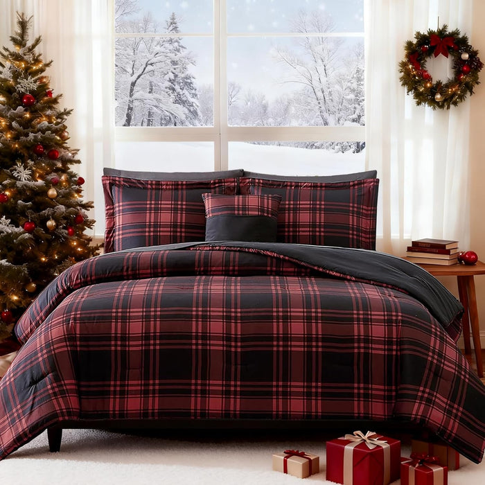 MaiRêve Queen Comforter Set, Plaid Design Comforter Set 7 Pieces, Comfortable Red Queen Bedding Sets Queen, Lightweight, Warm and Breathable (Red, Queen, 90"x90")