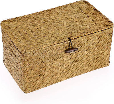 Hipiwe Wicker Shelf Baskets Bin with Lid, Handwoven Seagrass Basket Storage Bins Rectangular Household Basket Boxes for Shelf Wardrobe Home Organizer, Caramel Medium