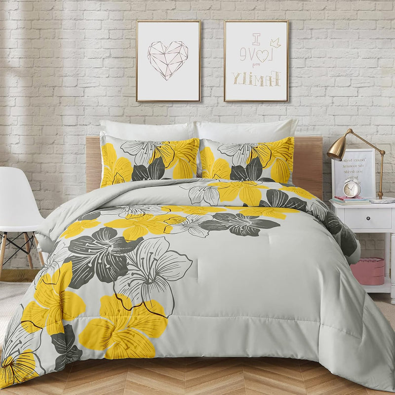 Menghomeus Black Comforter Set Queen Red and White Floral Comforter with 2 Pillowcases Modern Bedding Sets Lightweight Bed Set for All Season