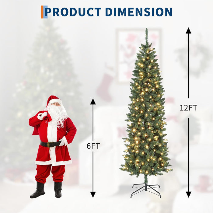12 FT Pre-Lit Christmas Tree, Artificial Pencil Holiday Decoration with 700 LED Light & 2053 Tips, Metal Foldable Stand for Indoor and Outdoor Use, Green