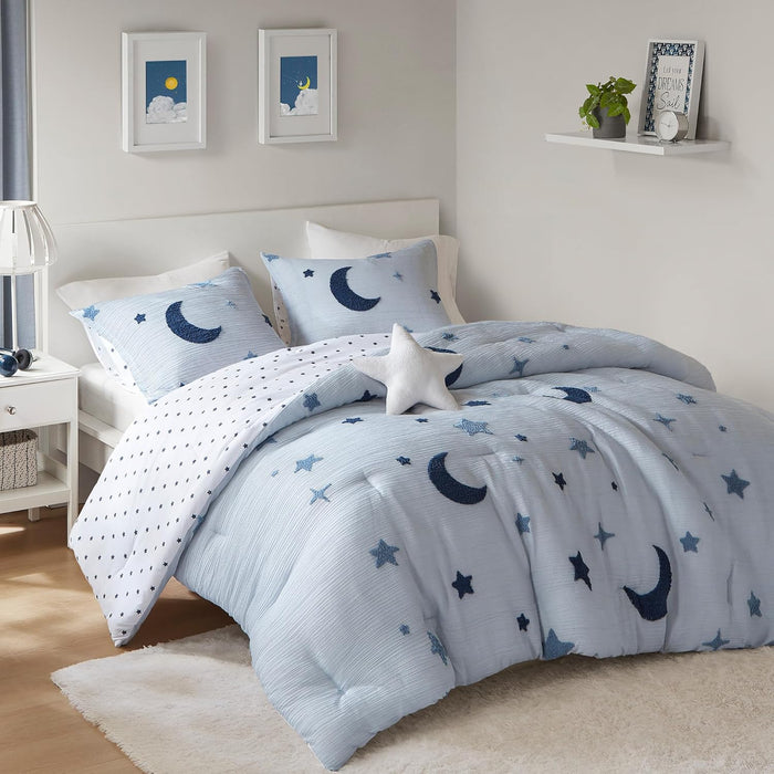 Intelligent Design Kids Full Comforter Set for Girls, Tufted Chenille Floral Comforter Set Queen, Lightweight Polka Dot Reversible Bed Set, Shams, Pillow, Gracie, Full/Queen White/Purple 4 Piece