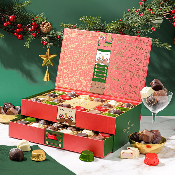 Chocolate Gift Basket, Candy Food Gifts, Gourmet Snack Box, Holiday Present Idea, Corporate Him & Her, Men, Women, Two-Tier Box with Assorted Belgian Truffles, 10+ Flavors, Bonnie and Pop (Red)