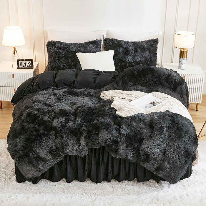 Andency Queen Comforter Set Black, Fluffy Winter Faux Fur Warm Soft Plush Bedding Comforter Set (1 Velvet Comforter & 2 Pillowcases), Fuzzy Thick Heavy Puffy Comforters Bed Set