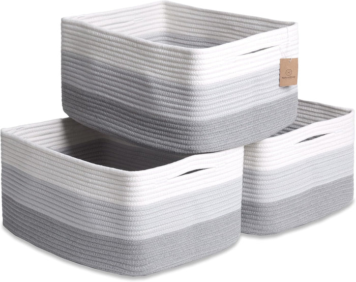 NaturalCozy Storage Baskets 16.8”x13”x7.6” Cotton Rope Woven Baskets for Organizing 3-Pack | Toy Storage Bins | Basket for Shelves, Laundry, Blanket, Clothes, Closet, Kitchen, Bathroom, Gifts