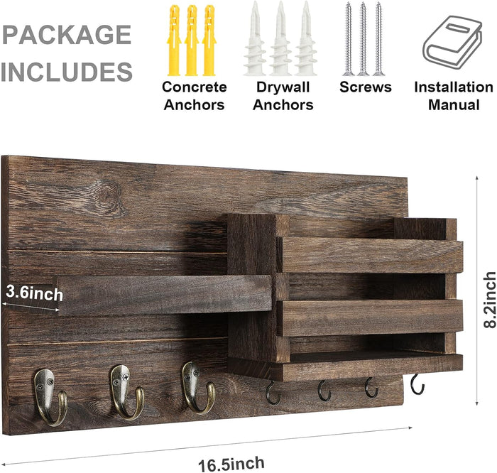 Mail Organizer for Wall Mount – Key Holder with Shelf Includes Letter Holder and Hooks for Coats, Dog Leashes – Rustic Wood with Flush Mounting Hardware (16.5” x 8.7” x 3.5”)