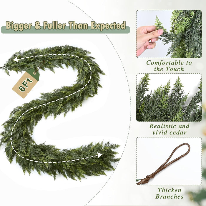 Waipfaru 2 Pcs 6 Ft Christmas Cedar Garland, Real Touch Pine Garlands, Artificial Realistic Faux Greenery Garland for Xmas Home Mantle Fireplace Wall Indoor Outdoor Christmas Decorations