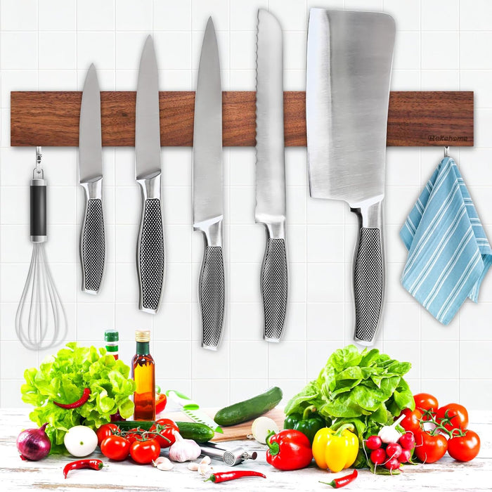 Magnetic Knife Holder for Wall, 10 Inch black Magnetic Knife Strip no Drilling with 2 Hooks, Stainless Steel Magnet Knife Holder, Powerful Magnetic Knife Rack for Knives, Utensils and Tools
