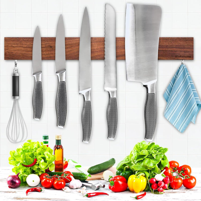 Magnetic Knife Holder for Wall, 10 Inch black Magnetic Knife Strip no Drilling with 2 Hooks, Stainless Steel Magnet Knife Holder, Powerful Magnetic Knife Rack for Knives, Utensils and Tools