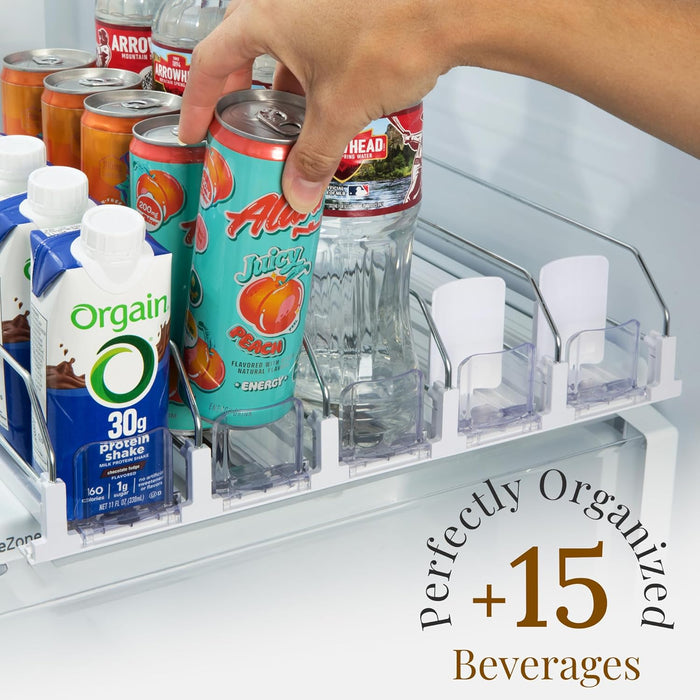 5-Piece Can Organizer for Refrigerator – Spring-Loaded Drink & Bottle Holder for Soda, Water, and More– Sliding Beverage Rack for Fridge, Pantry, Kitchen, RV Storage (White)