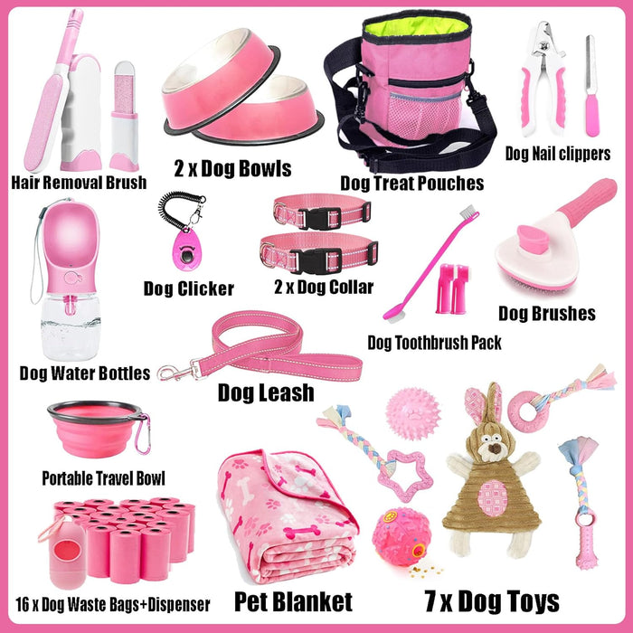 Puppy Supplies Starter Kit - 39-Piece Set of Puppy Essentials and Dog Stuff.Includes Dog Leash, Toys, Bowl, Brushes,and More.Perfect Welcome Home Present for Your New Puppies-Pink