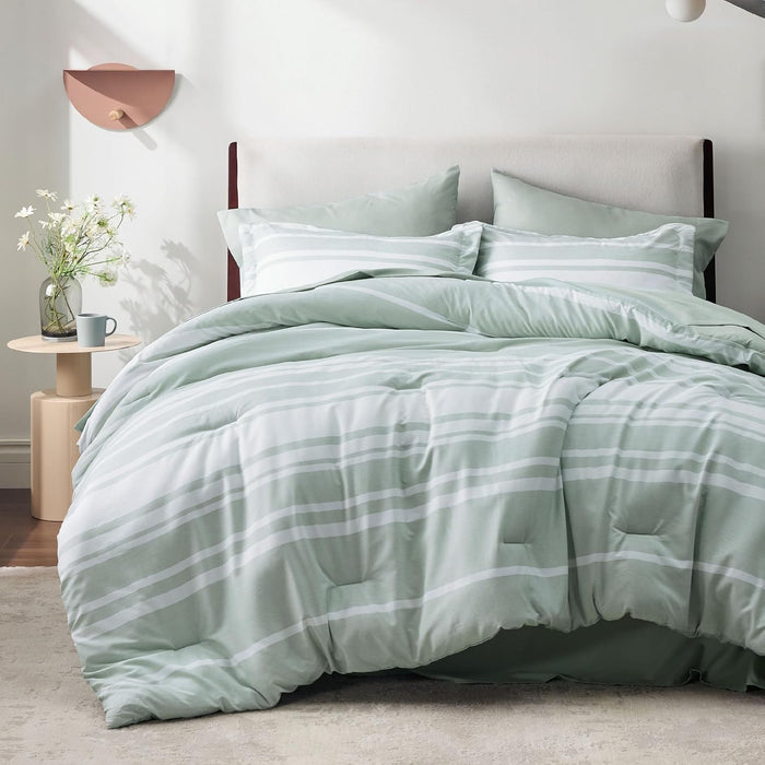 Bedsure Queen Comforter Set 7 Pieces, Frost Grey Striped Bedding Set for All Seasons, Reversible, Cationic Dyeing Bed in a Bag with Comforter, Sheets, Pillowcases & Shams