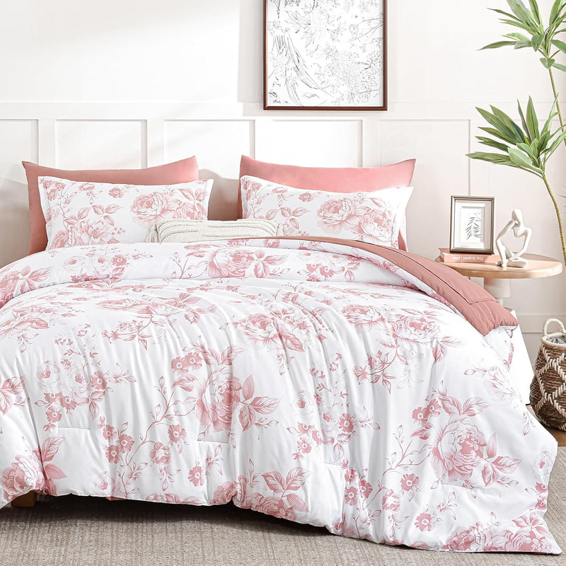 Luxudecor Floral Queen Comforter Set 7 Pieces Bed in a Bag, Sage Green Flower with Bird Bedding Set, Soft Reversible Comforter with Sheet Set 90"x90"