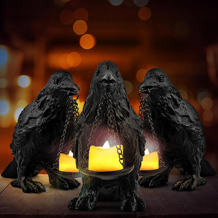 Halloween Decorations Indoor Gothic Home Decor Raven Lamp Tealight Holder for Bedroom Fake Crow Candle Holder Halloween Table Decorations Black