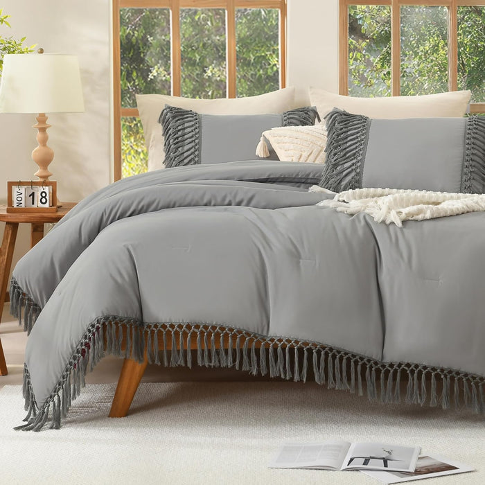 Andency Comforter Queen Size Set Beige, 3 Pieces Tassel Boho Lightweight Winter Bedding Comforters & Sets, All Season Bed Set (90x90In Comforter & 2 Pillowcases)