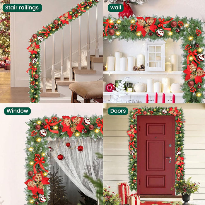 Christmas Garland with Lights, 30 LED 9FT Prelit Christmas Garland for Mantle,Outdoor Indoor Christmas Decorations Garland Battery Operated with Bows,Flowers,for Stairs,Railing,Fireplace,Front Door